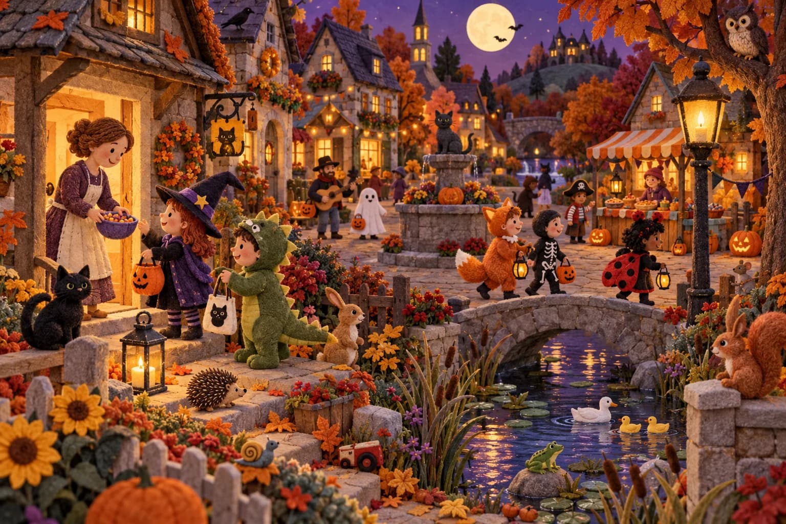 Parcours la rue illuminée pour retrouver des animaux, un enfant dinosaure et un petit fantôme d’Halloween.
