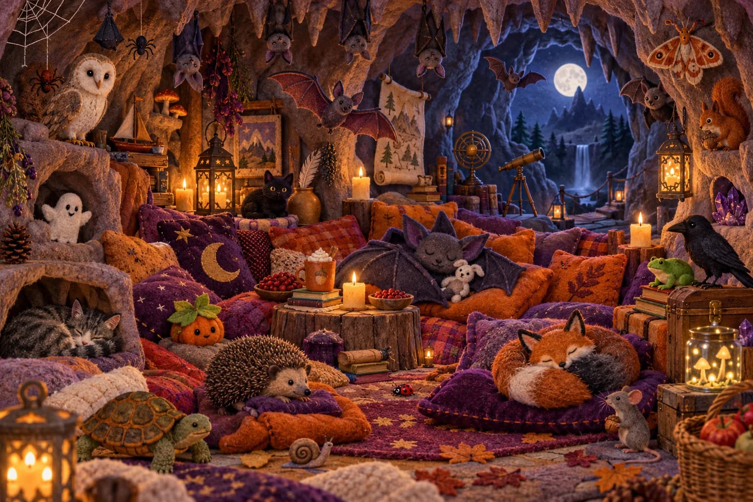 Explore la grotte des chauves-souris et repère le papillon vert, la pomme rouge ou l’escargot disparu parmi les coussins.