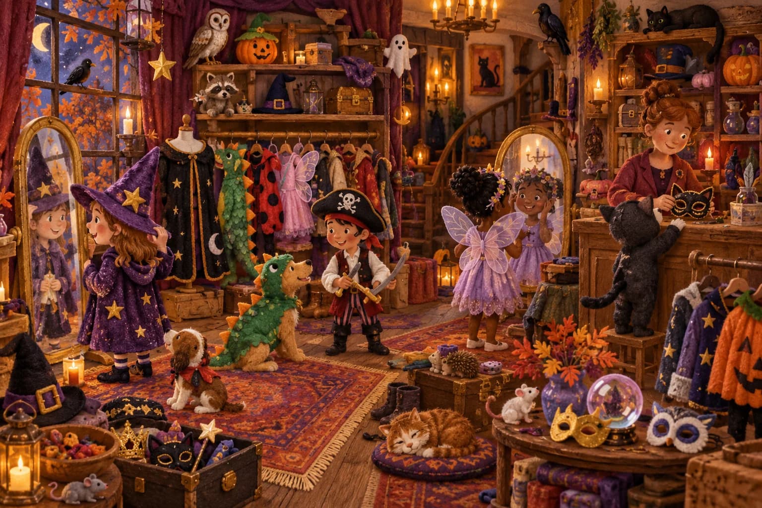 Fouille la boutique de costumes et observe attentivement la lune, le chapeau étoilé, le pirate, la souris et le chat.