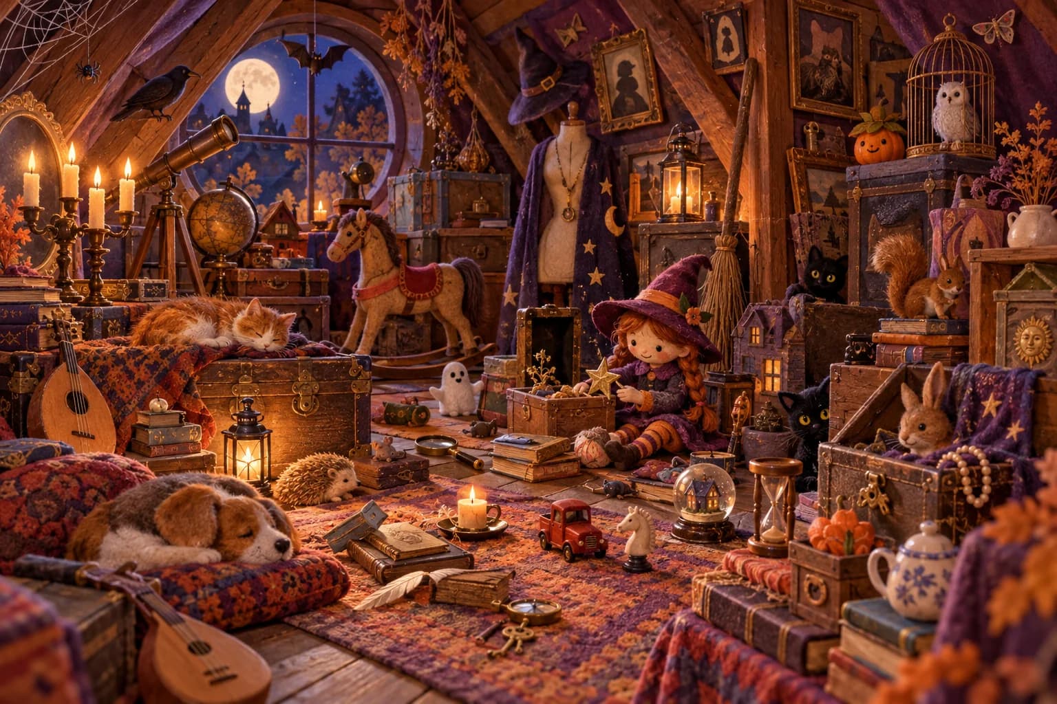 Visite ce grenier hanté et retrouve les détails cachés parmi la sorcière, le chat noir, les bougies et les coussins.