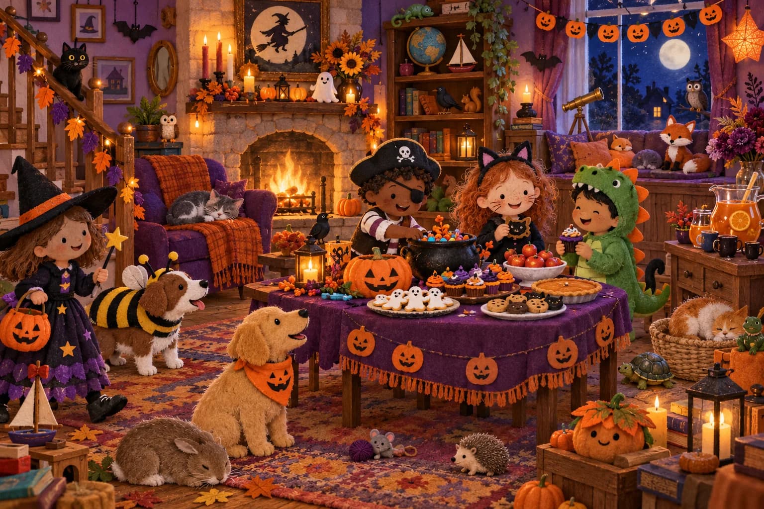 Observe la fête d’Halloween et cherche les changements dans les boissons, les décorations, les animaux et le drôle de nœud violet.