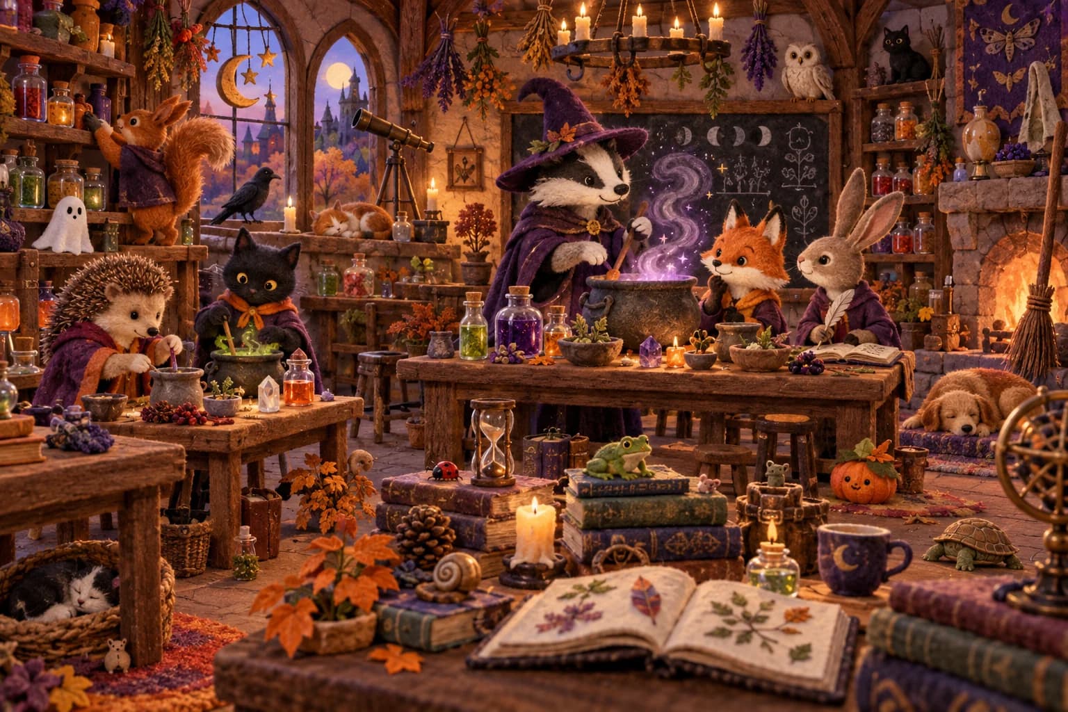 Observe la classe de potions et retrouve le fantôme, les écharpes, le cristal, la tasse et le papillon du livre.