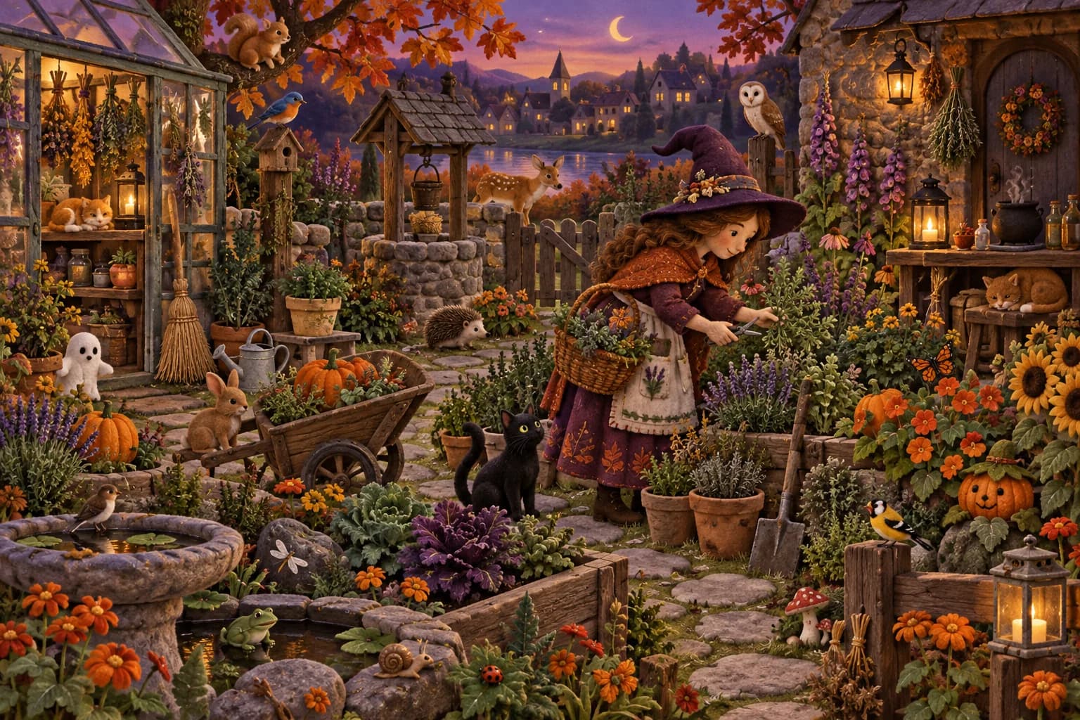 Explore le jardin d’herbes magiques et cherche la lune, l’oiseau rouge, la marguerite, les citrouilles et la grenouille.