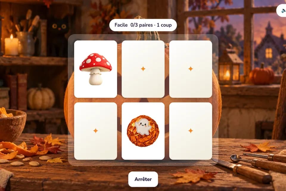 Six cartes de memory, dont un champignon et un bonbon au fantôme dévoilés, se dressent dans un décor de citrouilles et de bougies.