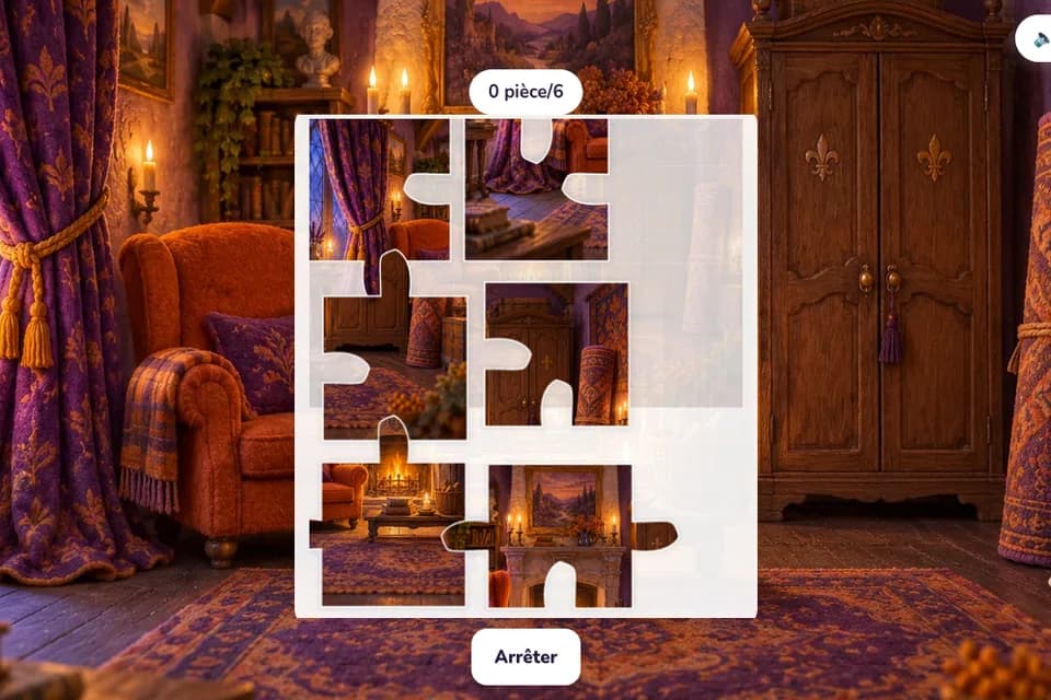 Six pièces de puzzle montrent un salon de manoir avec un fauteuil orange, des rideaux violets, des bougies et une armoire en bois.