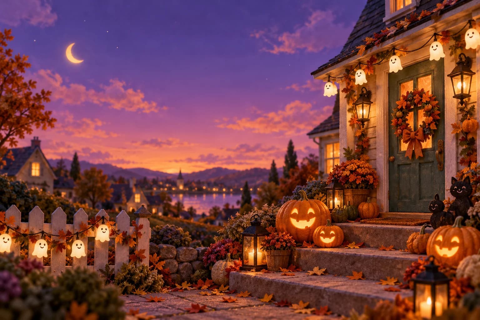 Un perron décoré pour Halloween au crépuscule, citrouilles sculptées et guirlandes de fantômes