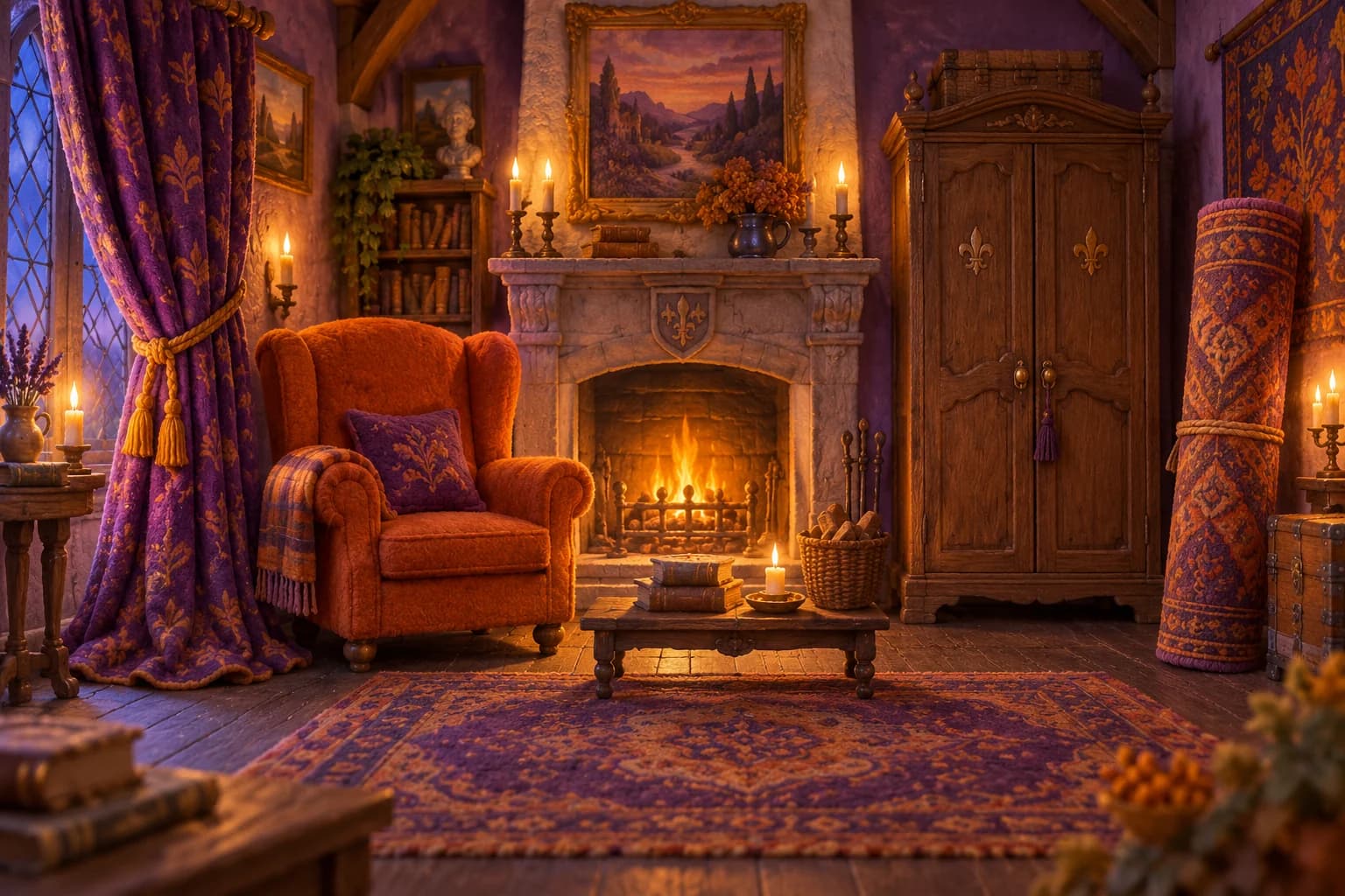 Un salon de manoir chaleureux, cheminée allumée, fauteuil et tapis, pour Halloween