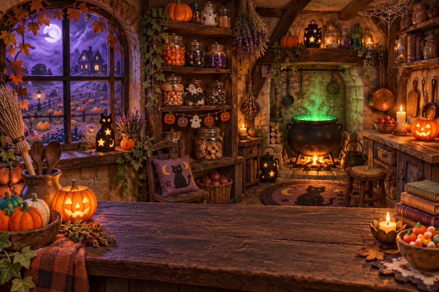 Le perron décoré pour Halloween au crépuscule, citrouilles sculptées allumées