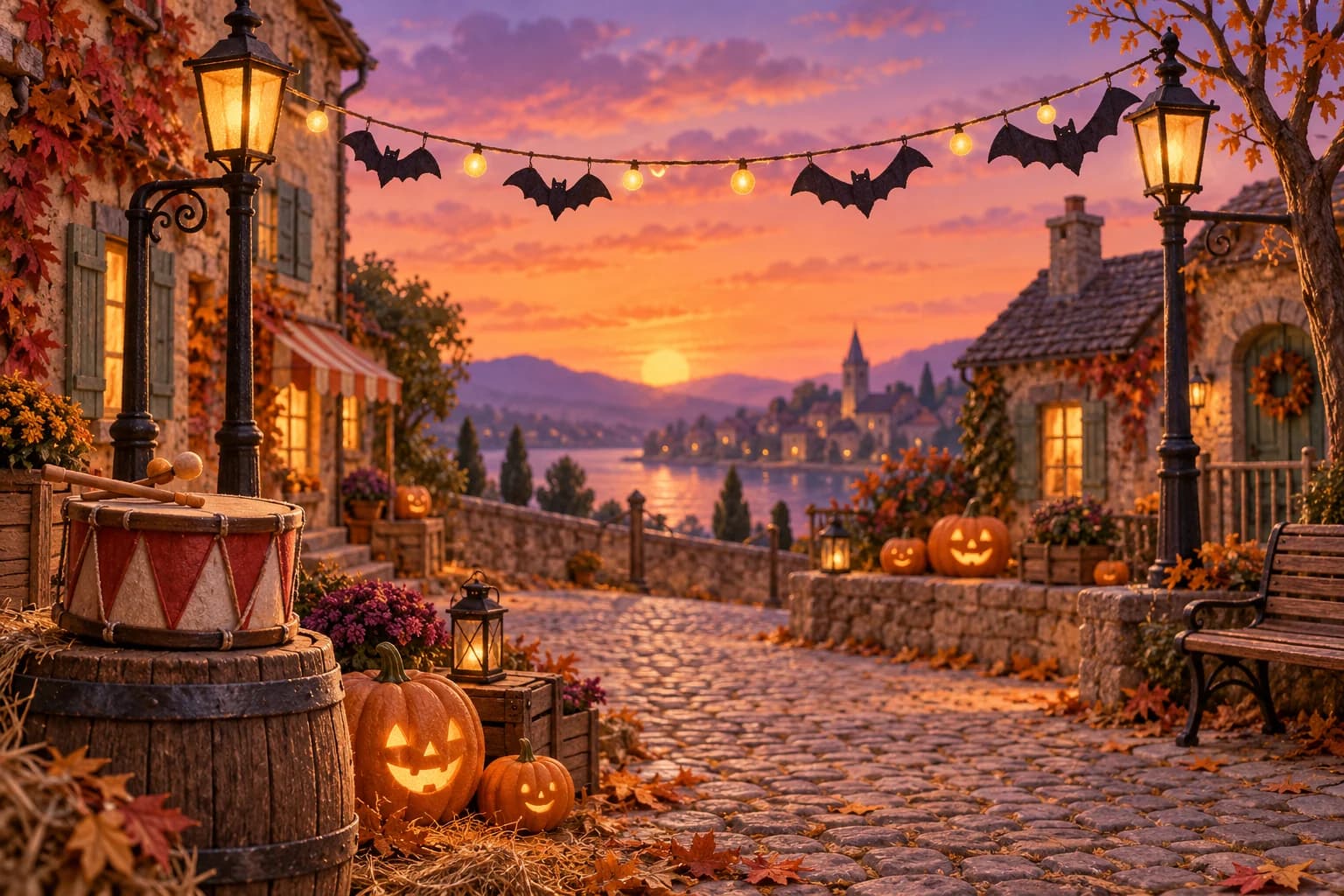 Une rue du village de Citrouli à la tombée de la nuit, guirlandes de citrouilles et de chauves-souris en papier, un petit tambour posé sur un tonneau