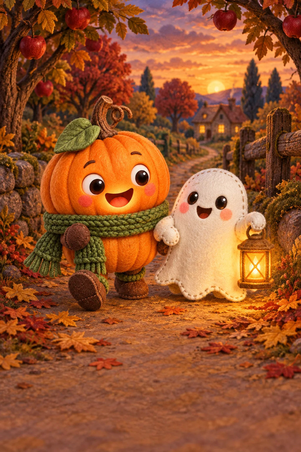 La Citrouille et le Petit Fantôme éclairent une allée bordée de feuilles, sous les pommiers.