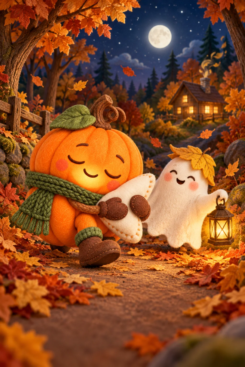Une Citrouille et un Petit Fantôme avancent vers une cabane éclairée sous les feuilles d’automne.