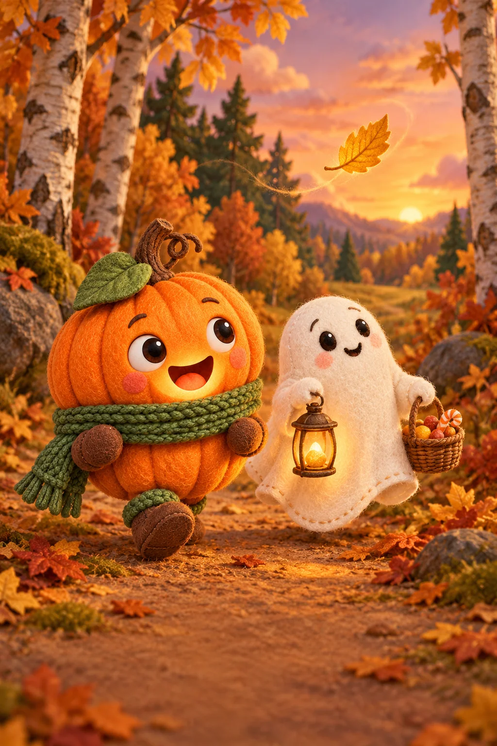 La Citrouille et le Petit Fantôme regardent une feuille dorée flotter au-dessus du chemin.