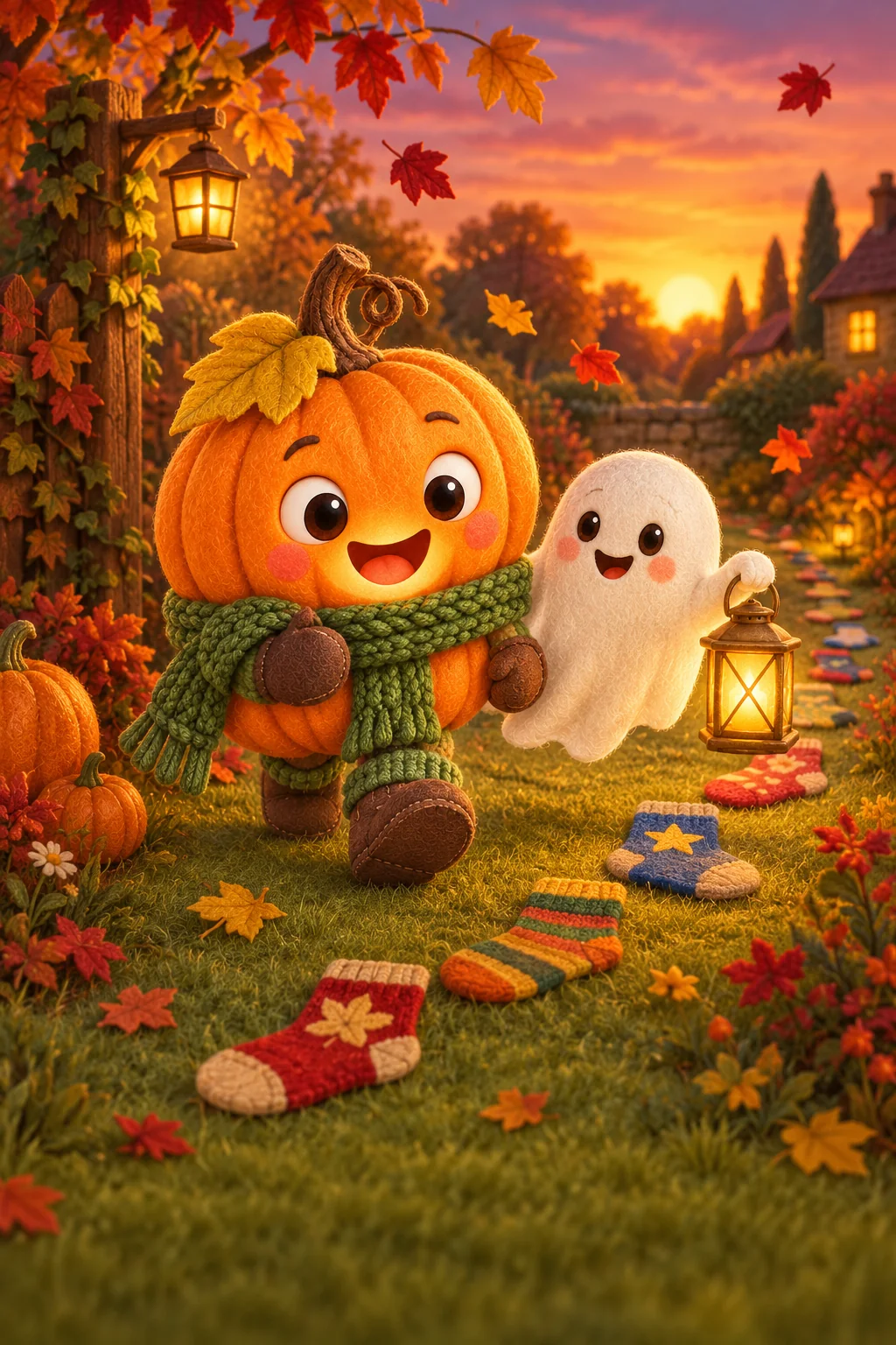 Une citrouille et un petit fantôme observent un chemin de chaussettes dans un jardin d’automne.