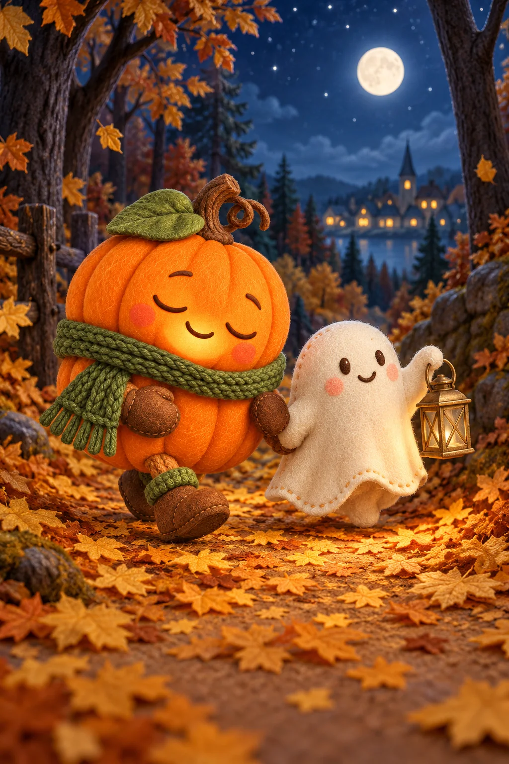Une citrouille et un petit fantôme suivent un tapis de feuilles dorées dans la forêt nocturne.