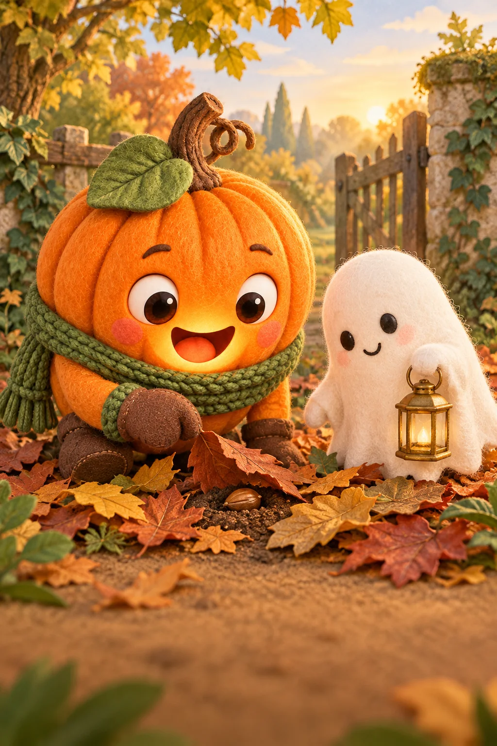 La Citrouille et le Petit Fantôme observent une graine brune cachée sous les feuilles du vieux jardin.
