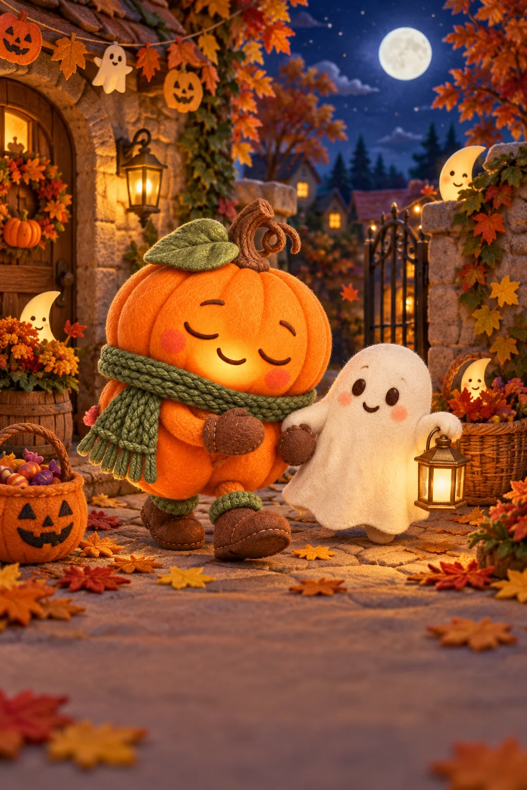 Une citrouille et un petit fantôme cherchent des lunes de papier dans une cour d’automne éclairée.