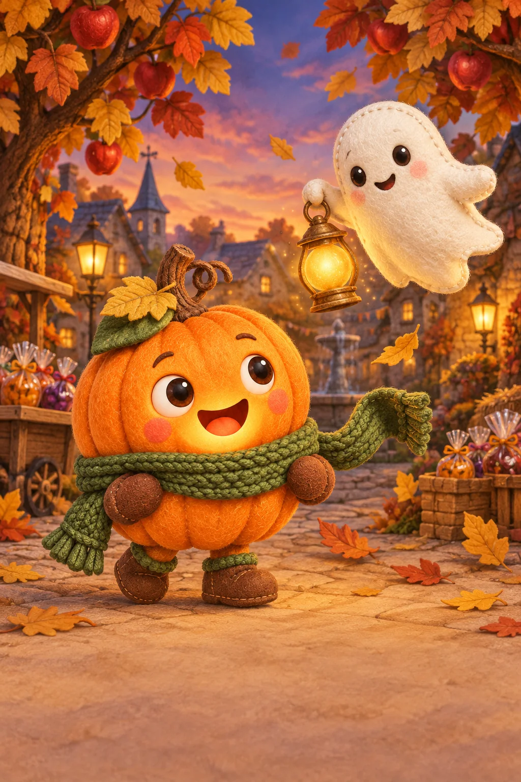 La Citrouille et le Petit Fantôme regardent une écharpe verte onduler parmi les feuilles d’automne.