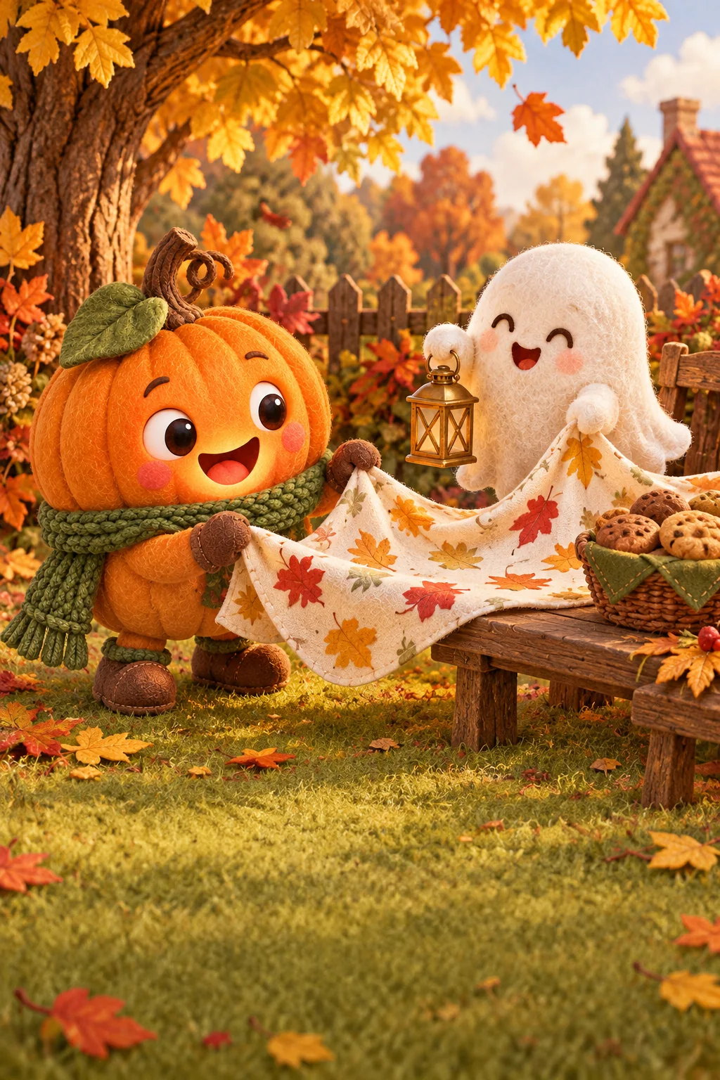 La Citrouille et le Petit Fantôme regardent une nappe aux feuilles colorées se soulever dans le jardin.