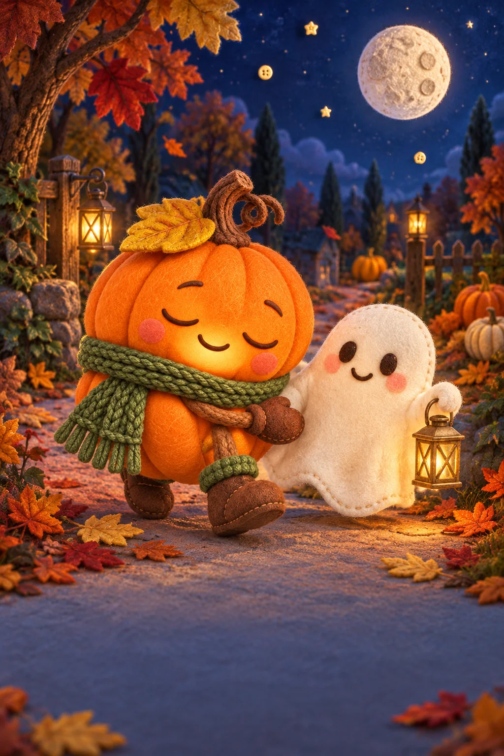 La Citrouille et le Petit Fantôme avancent sur un sentier nocturne bordé de feuilles et de citrouilles.