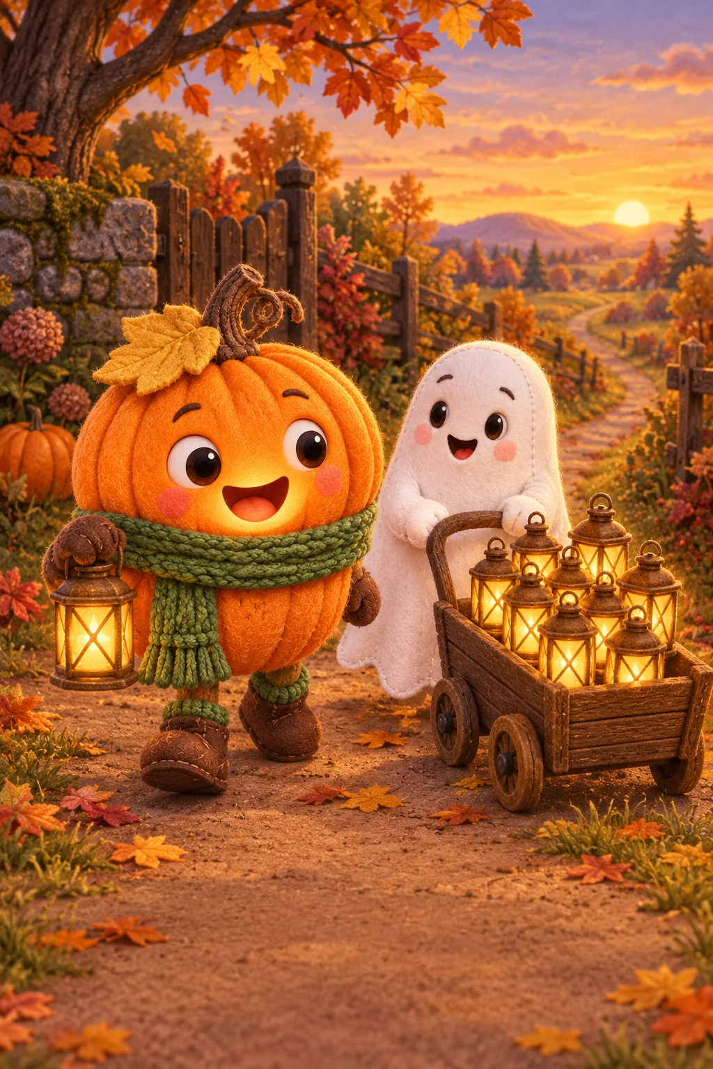 La Citrouille et le Petit Fantôme attendent près d’une charrette remplie de lanternes dorées.