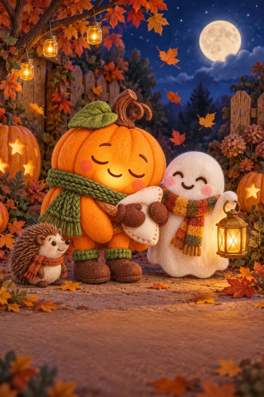 La Citrouille et le Petit Fantôme éclairent un jardin d’automne entouré de chaussettes rayées.