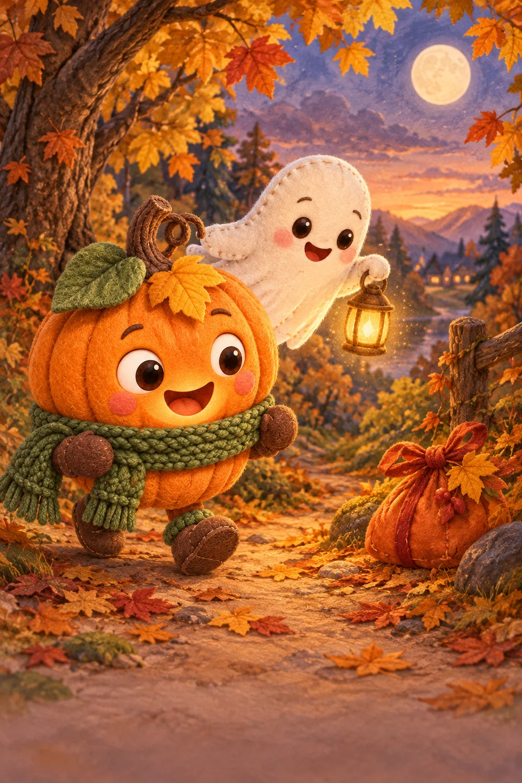 La Citrouille et le Petit Fantôme découvrent un baluchon orange sur un sentier couvert de feuilles rousses.