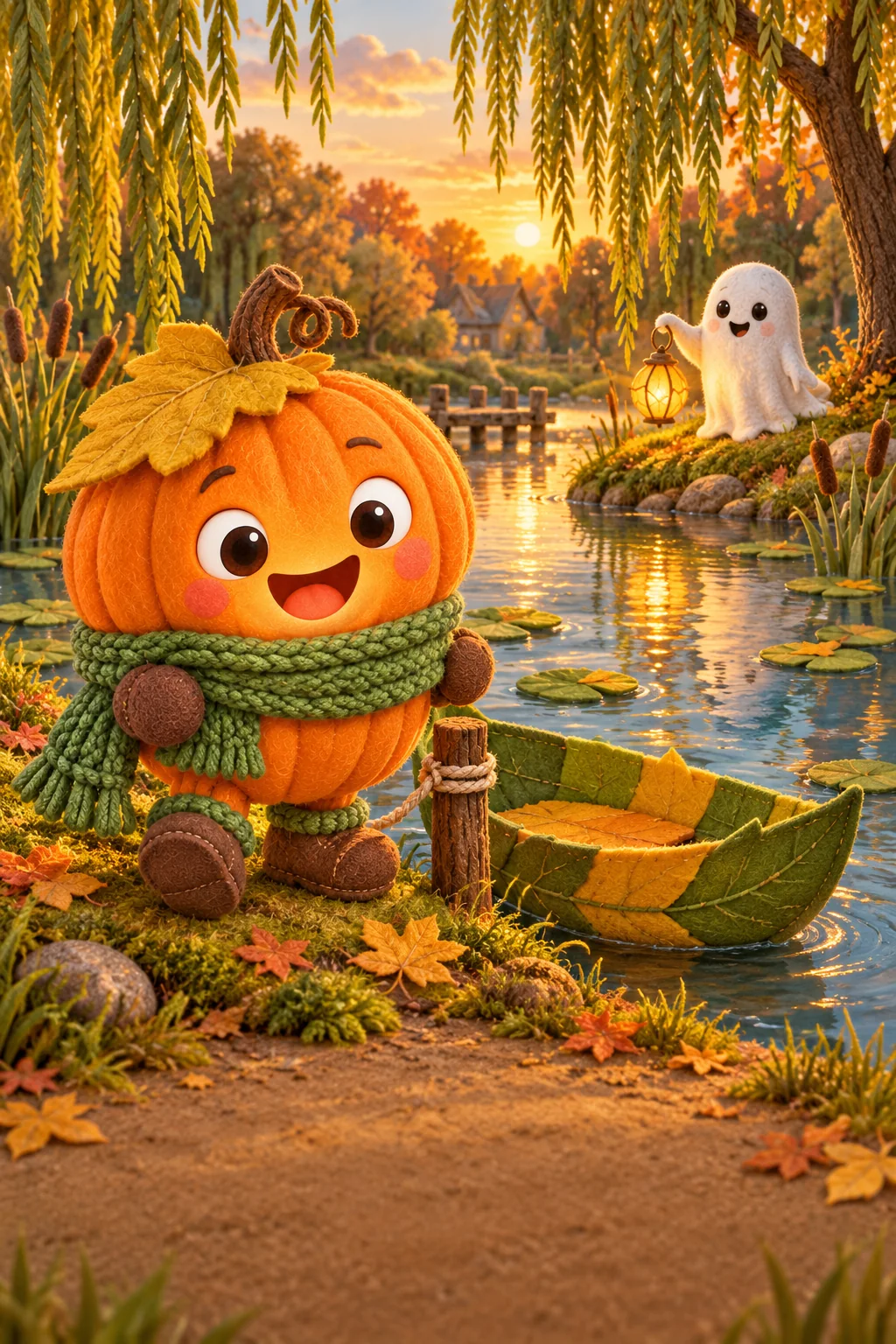 La Citrouille lance un petit bateau de feuilles vers le Petit Fantôme, de l’autre côté de l’étang.