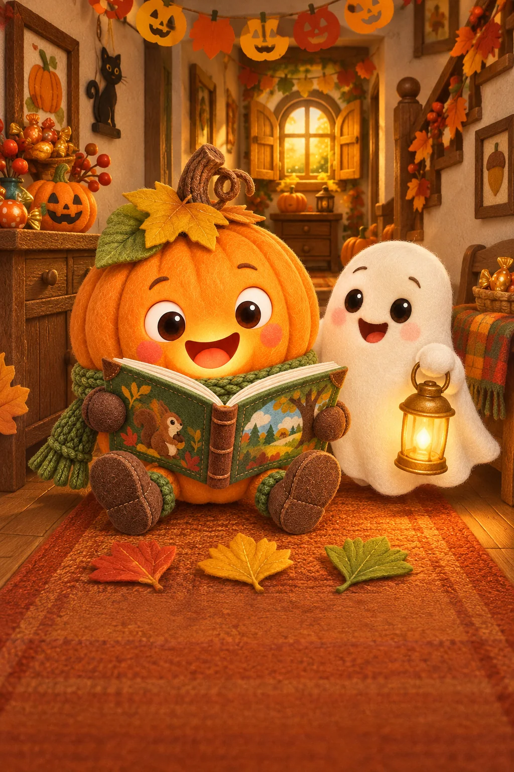 La Citrouille et le Petit Fantôme découvrent une petite fenêtre dorée au bout d’un couloir décoré.