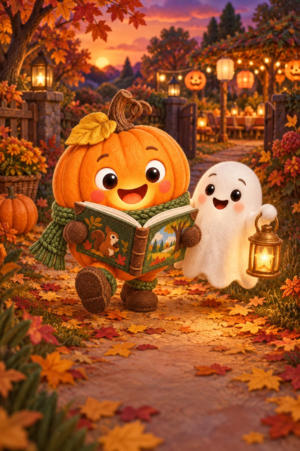 La Citrouille et le Petit Fantôme suivent un chemin de feuilles dorées dans le jardin.