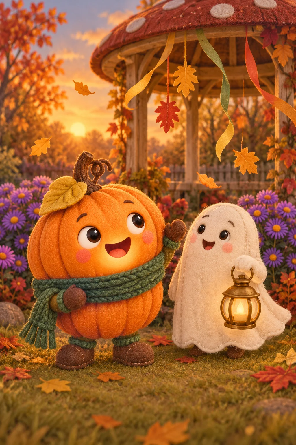 La Citrouille et le Petit Fantôme découvrent un kiosque où des feuilles pendent à des rubans.