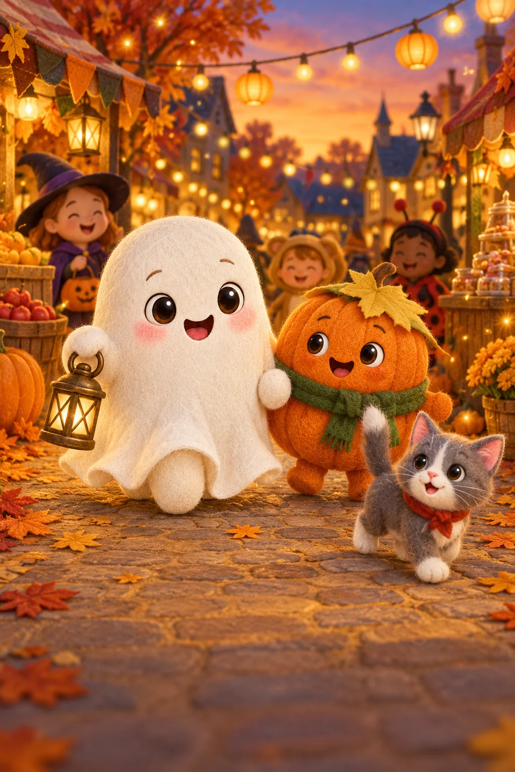 La Citrouille, le Petit Fantôme et Plume avancent entre les stands illuminés du marché du soir.
