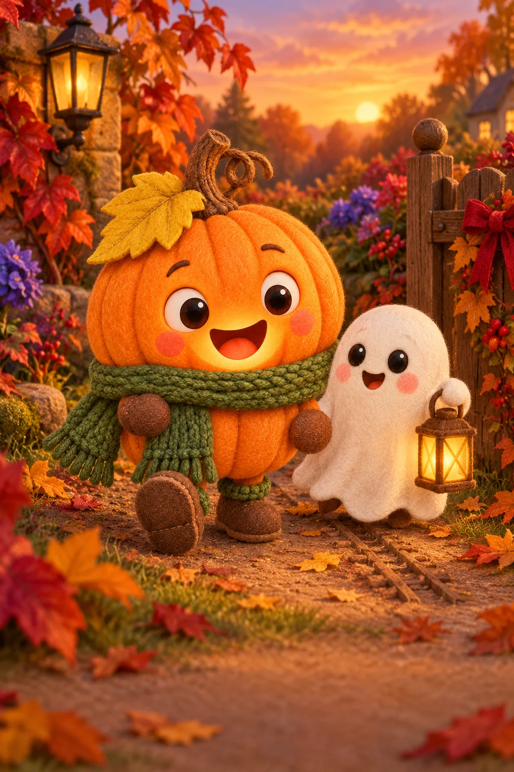 Une citrouille et un petit fantôme suivent des traces de roues dans un jardin d’automne coloré.
