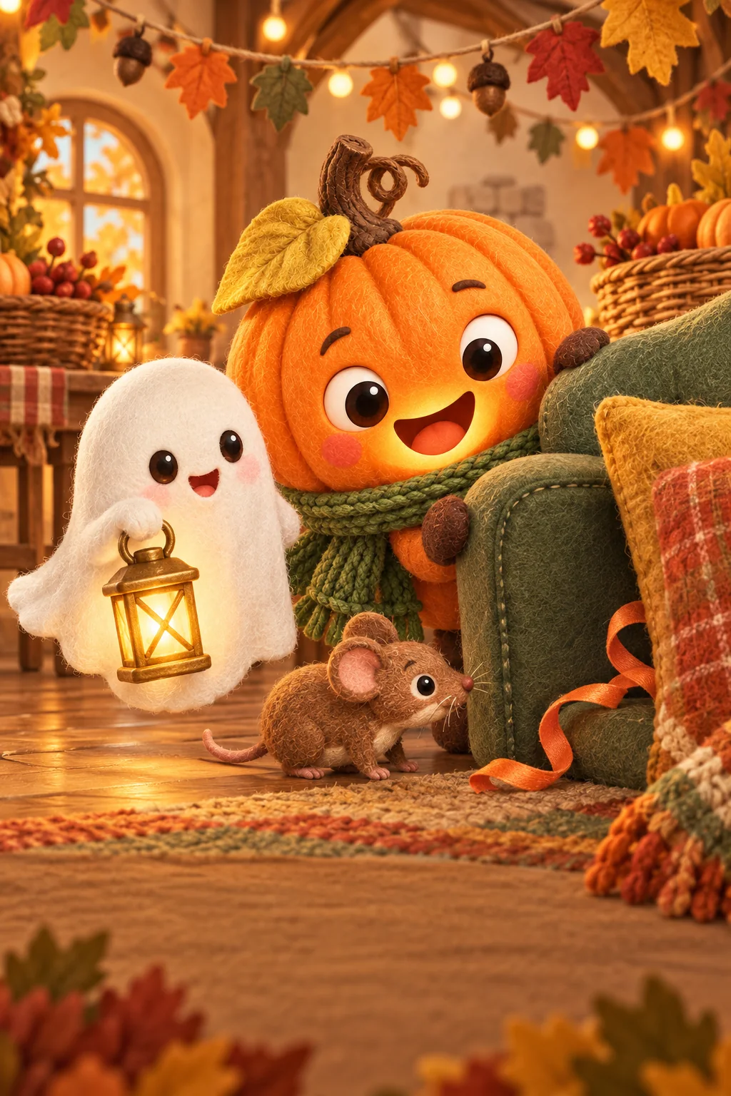 La Citrouille, le Petit Fantôme et Noisette cherchent un ruban orange dans la salle décorée.
