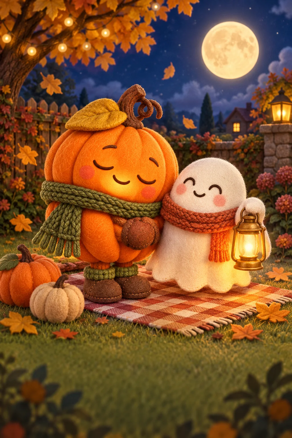 La Citrouille et le Petit Fantôme préparent une nappe entourée de feuilles dorées sous la lune.