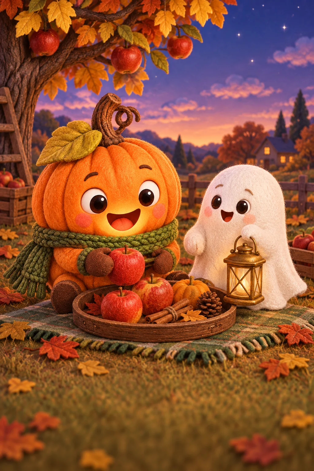 La Citrouille et le Petit Fantôme préparent un plateau sous les premières étoiles d’automne.