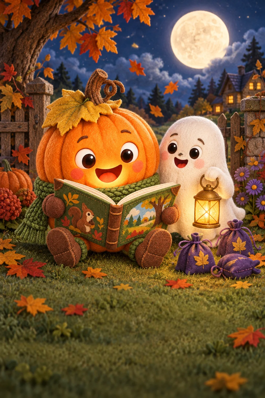 La Citrouille et le Petit Fantôme préparent des sachets sous la lune, dans un jardin d’automne paisible.