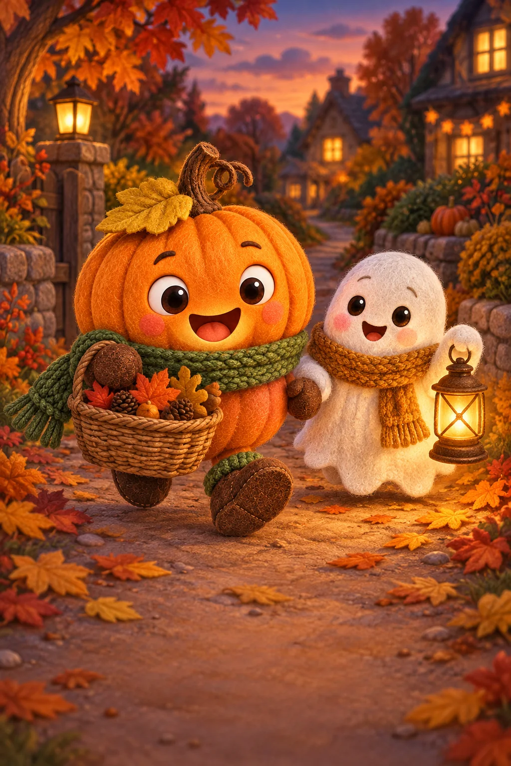 La Citrouille et le Petit Fantôme avancent sur un chemin de feuilles, avec leur panier et leur lanterne.