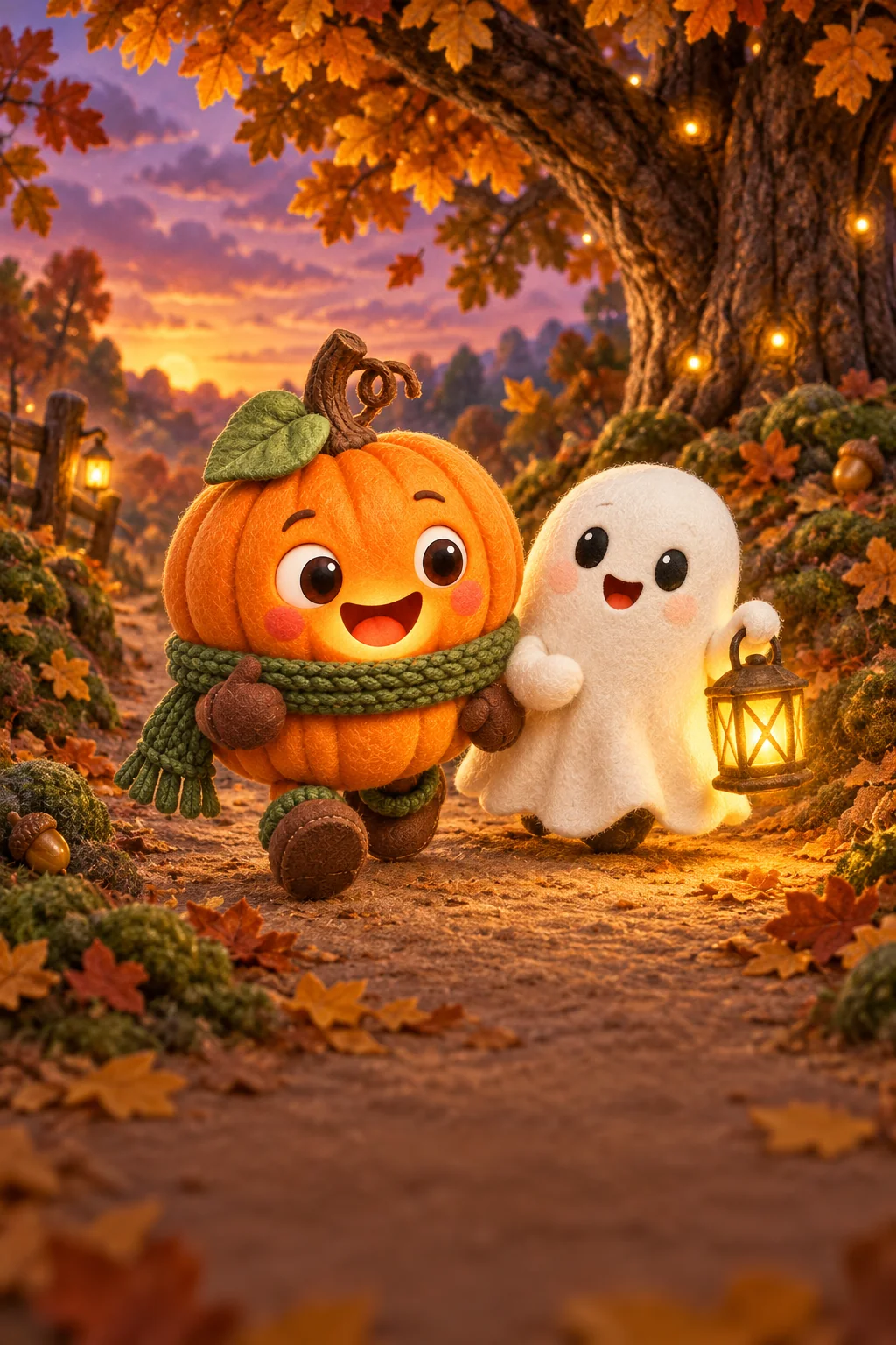 La Citrouille et le Petit Fantôme suivent un chemin lumineux sous les arbres d’automne.