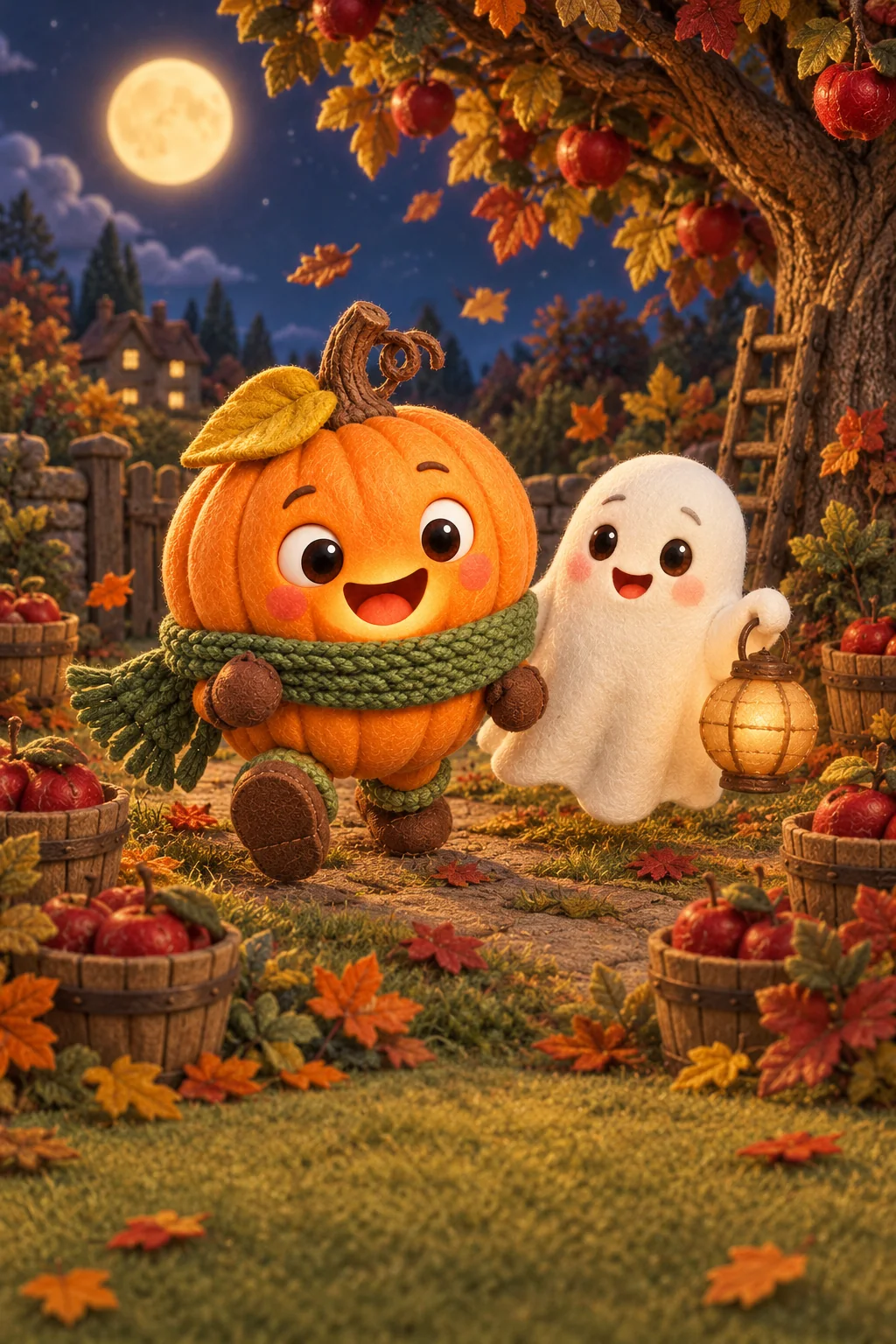 La Citrouille et le Petit Fantôme avancent dans un jardin d’automne éclairé par la lune.