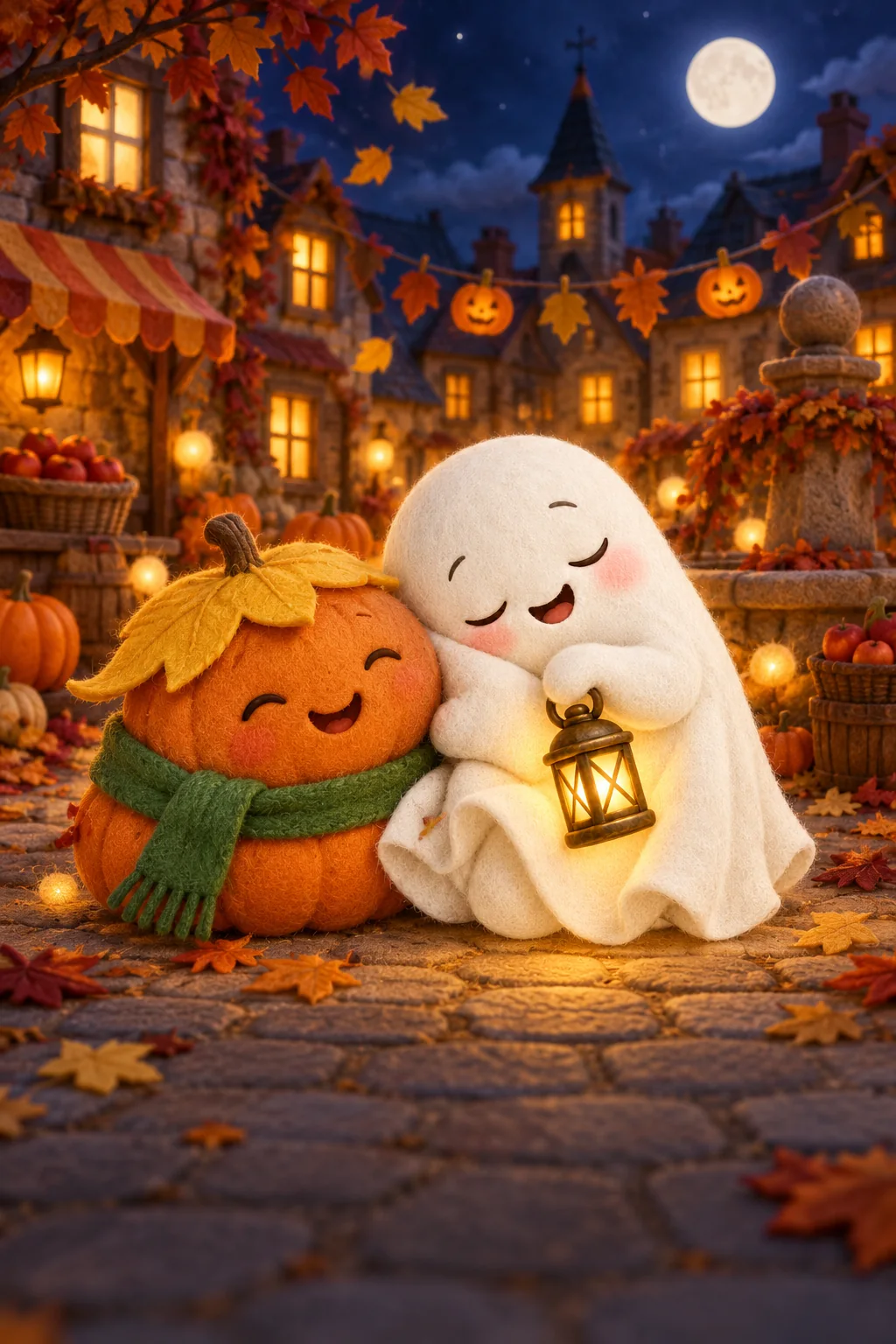Une citrouille et un petit fantôme cherchent des lumières cachées sur une place d’automne.