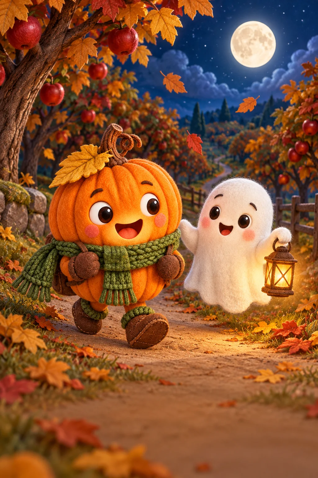 La Citrouille et le Petit Fantôme avancent dans un verger d’automne éclairé par la lune.