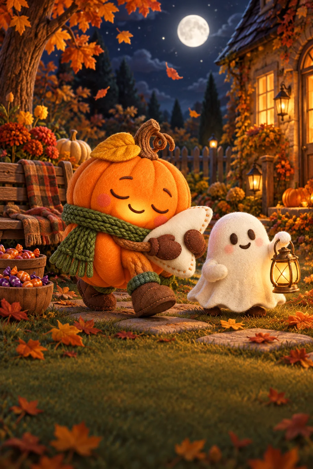 Une grande citrouille et un petit fantôme cherchent dans un jardin d’automne éclairé par la lune.