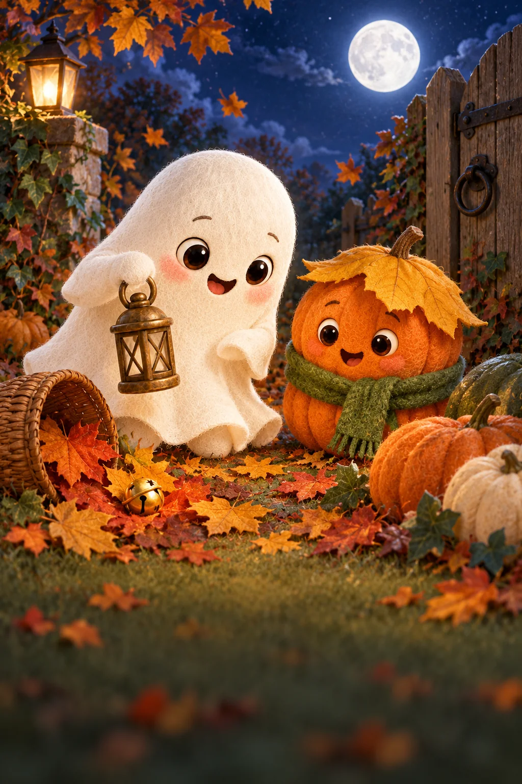 Le Petit Fantôme et la Citrouille cherchent près du portail, parmi les feuilles et les paniers.