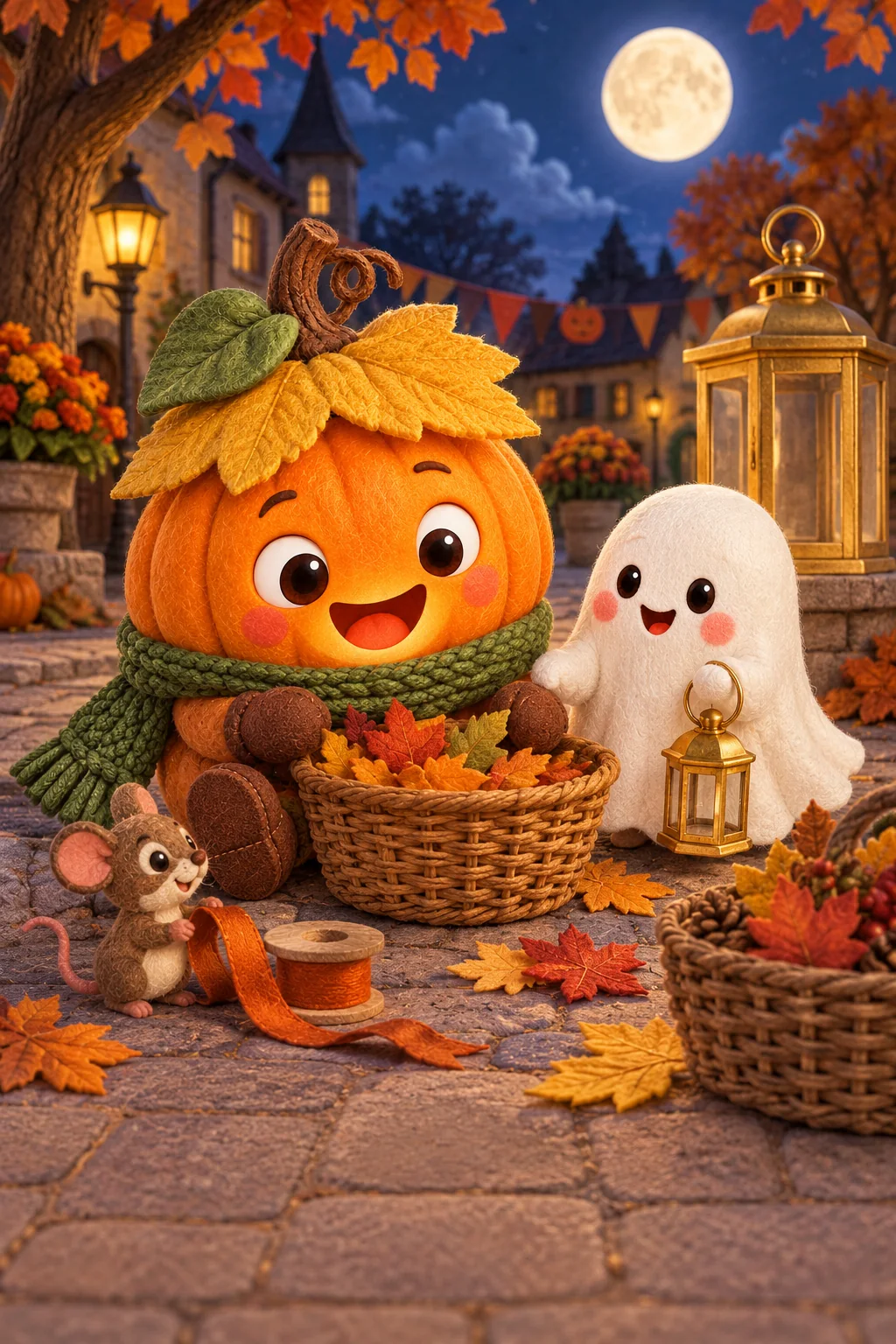 La Citrouille, le Petit Fantôme et Miette cherchent près des paniers, sous une lune ronde.