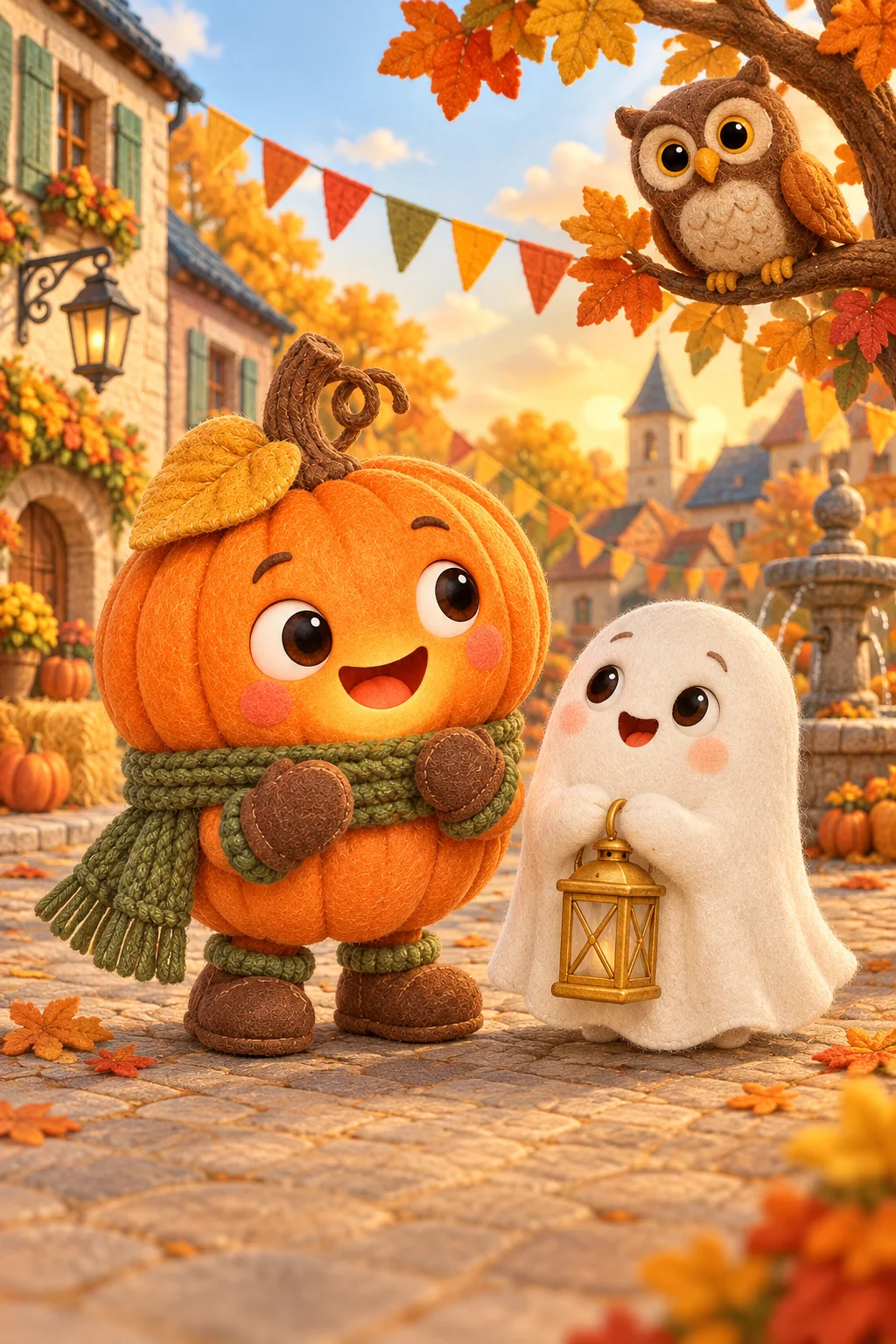 La Citrouille et le Petit Fantôme observent des fanions colorés dans le village d’Automne.