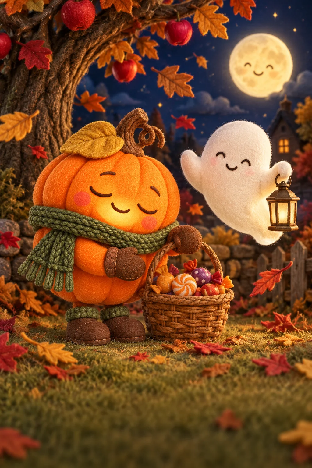 Une citrouille coiffée d’une feuille et un petit fantôme éclairent un jardin d’automne sous la lune.