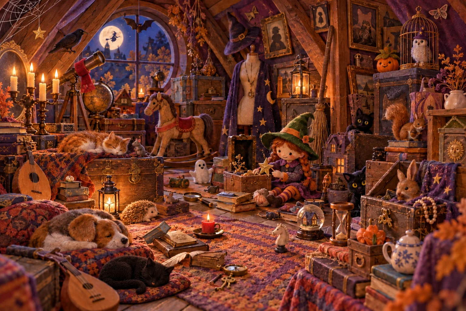 Visite ce grenier hanté et retrouve les détails cachés parmi la sorcière, le chat noir, les bougies et les coussins. (version modifiée)