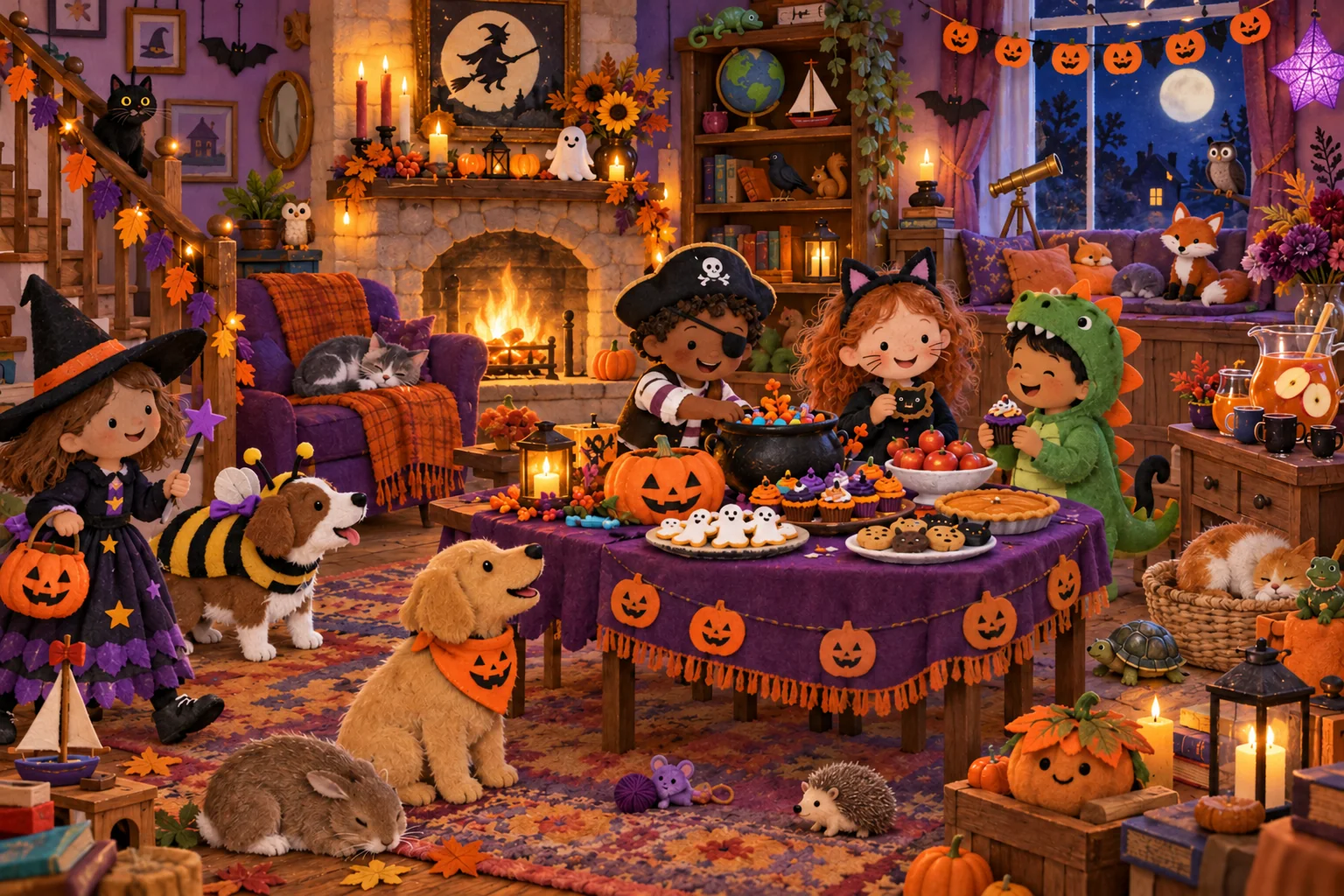 Observe la fête d’Halloween et cherche les changements dans les boissons, les décorations, les animaux et le drôle de nœud violet. (version modifiée)
