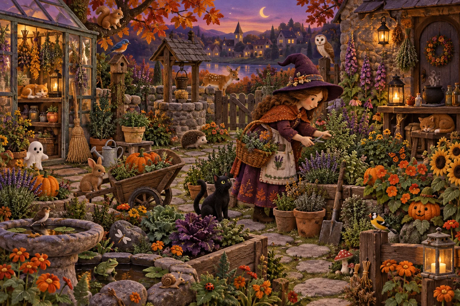 Explore le jardin d’herbes magiques et cherche la lune, l’oiseau rouge, la marguerite, les citrouilles et la grenouille.